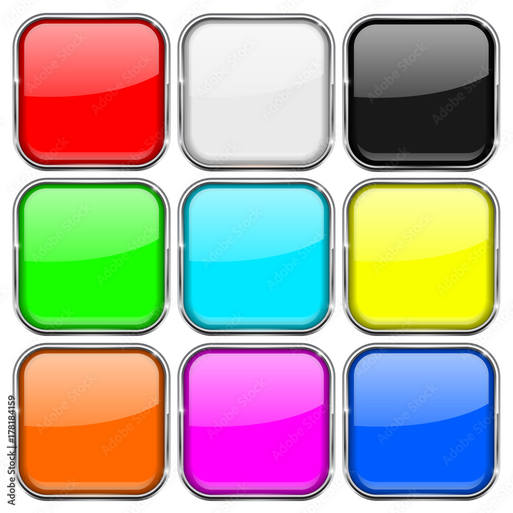Colored set of square buttons with chrome frame Colored set of square buttons with chrome frame