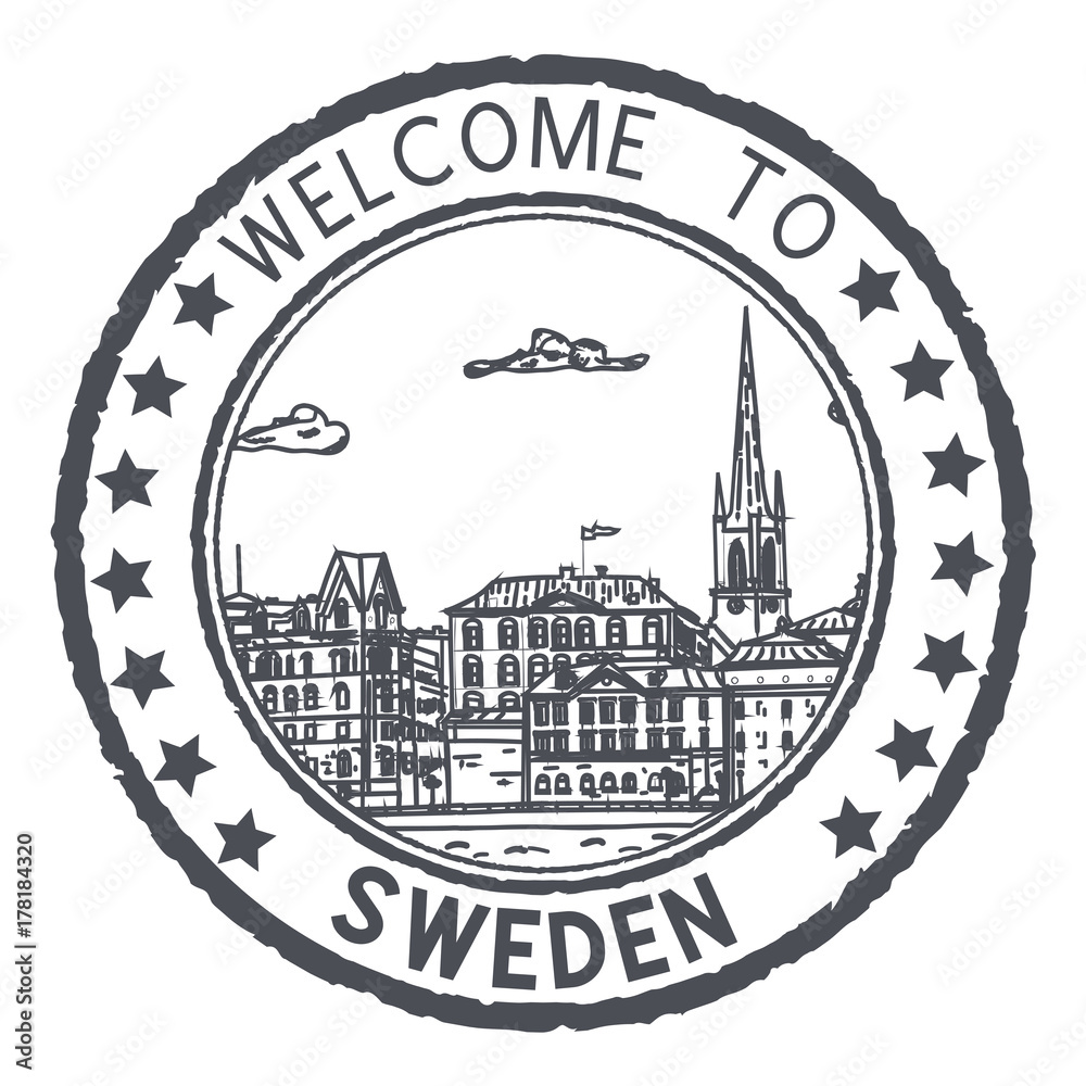Obraz premium Welcome to Sweden. Black postal stamp, round postmark with Stockholm sightseeings