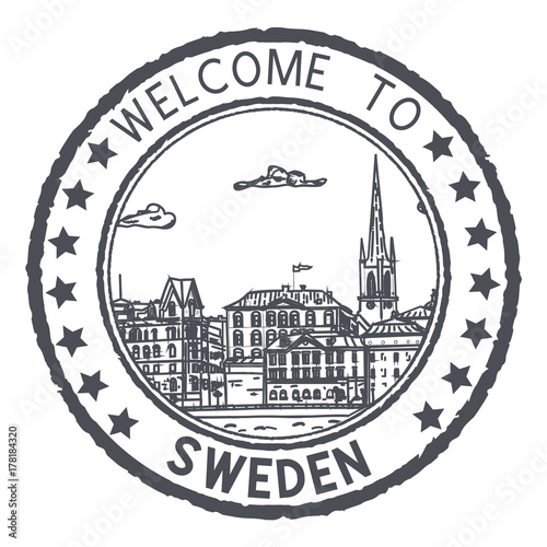 Welcome to Sweden. Black postal stamp, round postmark with Stockholm sightseeings