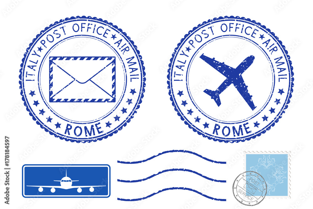 Blue postal elements. Rome postmark and stamps Blue postal elements. Rome postmark and stamps