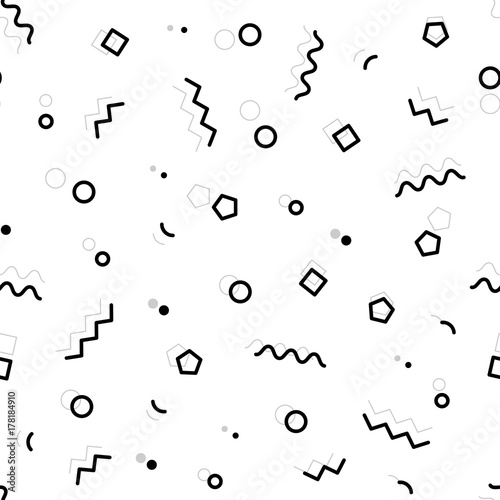 Black and white geometric memphis pattern with zig-zag lines, triangles, squares, waves,hexagones and circles. 80s and 90s graphic design style. Vector seamless background.