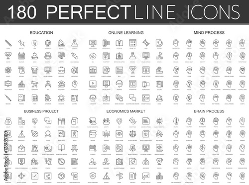 180 modern thin line icons set of education, online learning, mind process, business project, economics market, brain process.