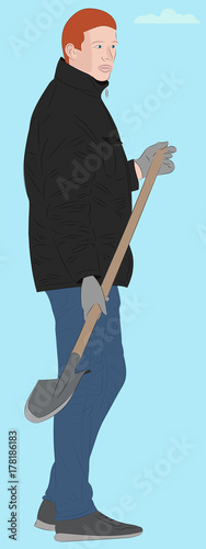 A man is holding a shovel in his hands. Vector illustration