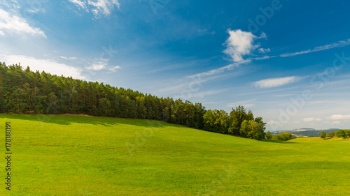 Minimalistic landscape. Blue sky and green grass, tranquil natural view