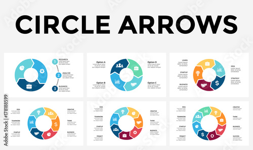 Vector circle arrows infographic, cycle diagram, graph, presentation chart. Business concept with 3, 4, 5, 6, 7, 8 options, parts, steps, processes.