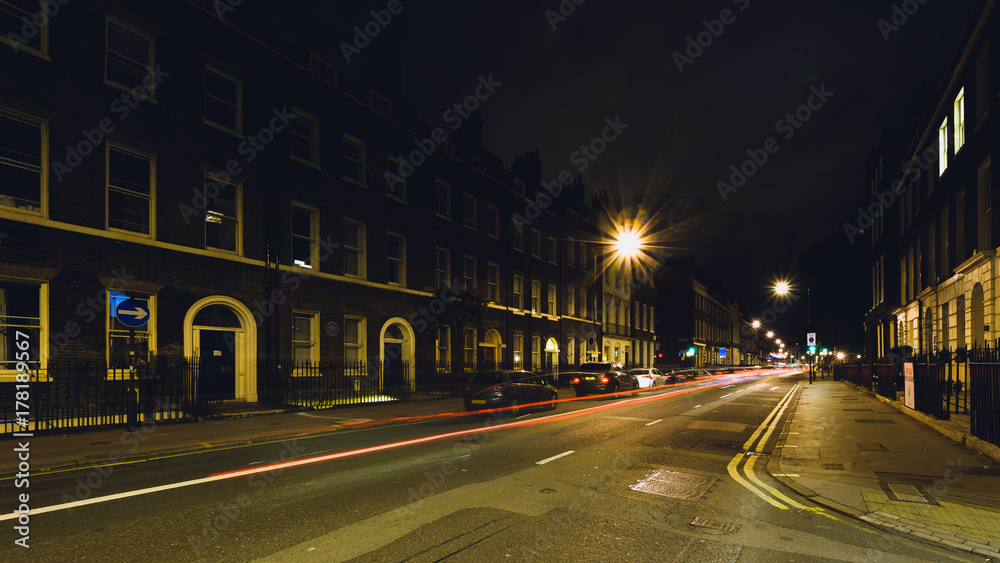 Looking Down Gower Street by night, Georgian Terrace Buildings in Bloomsbury, central London
