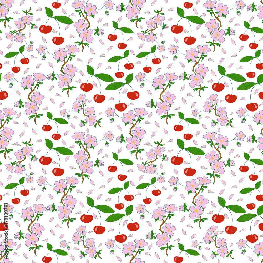 Seamless pattern with blossoming Japanese cherry twig and berries, cherries, white background Seamless pattern with blossoming Japanese cherry twig and berries, cherries, white background