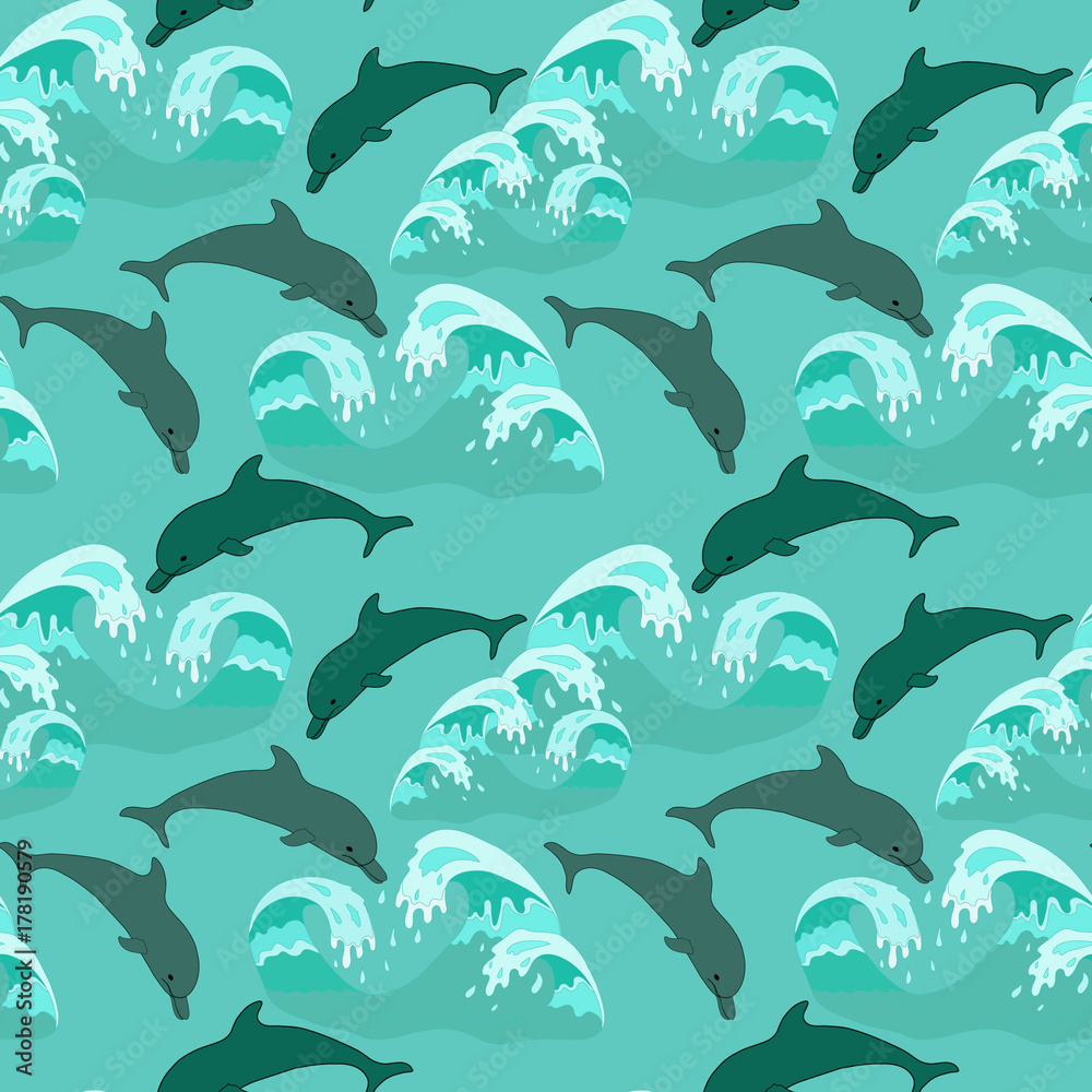Naklejka premium Seamless pattern with dolphins playing in the waves in green colors