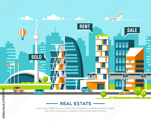 City landscape. Real estate and construction business concept with houses. Vector illustration.