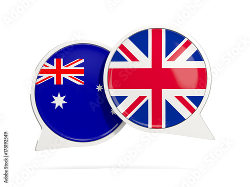 Chat bubbles of Australia and UK isolated on white