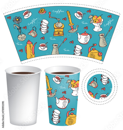 Vector template paper cup for hot drink. Disposable cup for tea or coffee with the texture of doodles dishes, kettles, grinders, cups, vases, fruits