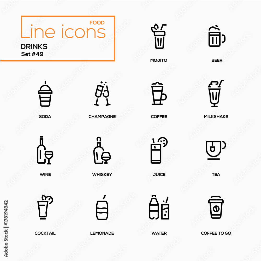 Food theme, alcohol and soft drinks - line design icons set.