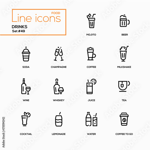Food theme, alcohol and soft drinks - line design icons set.