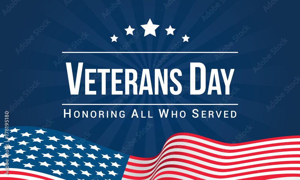Veterans Day Vector illustration, Honoring all who served, USA flag waving on blue background. - obrazy, fototapety, plakaty 