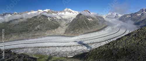 View from Eggishorn Mountain (2934m) towards Great Aletsch Glacier with the Mountains Grosses Aletschhorn and Jungfrau peaks, Fiesch, Canton of Valais, Switzerland photo