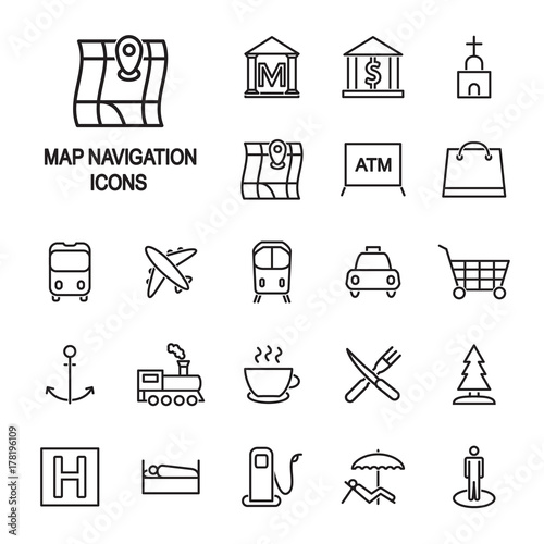 Map navigation legend thin line icon set. Map locations vector icons. Vector. 