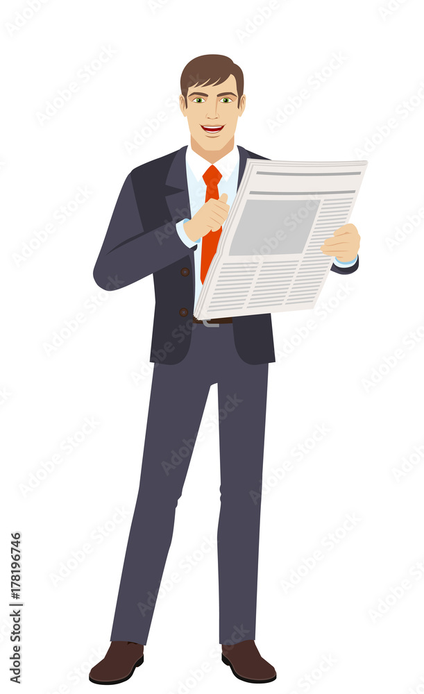 Businessman with newspaper pointing at himself Businessman with newspaper pointing at himself