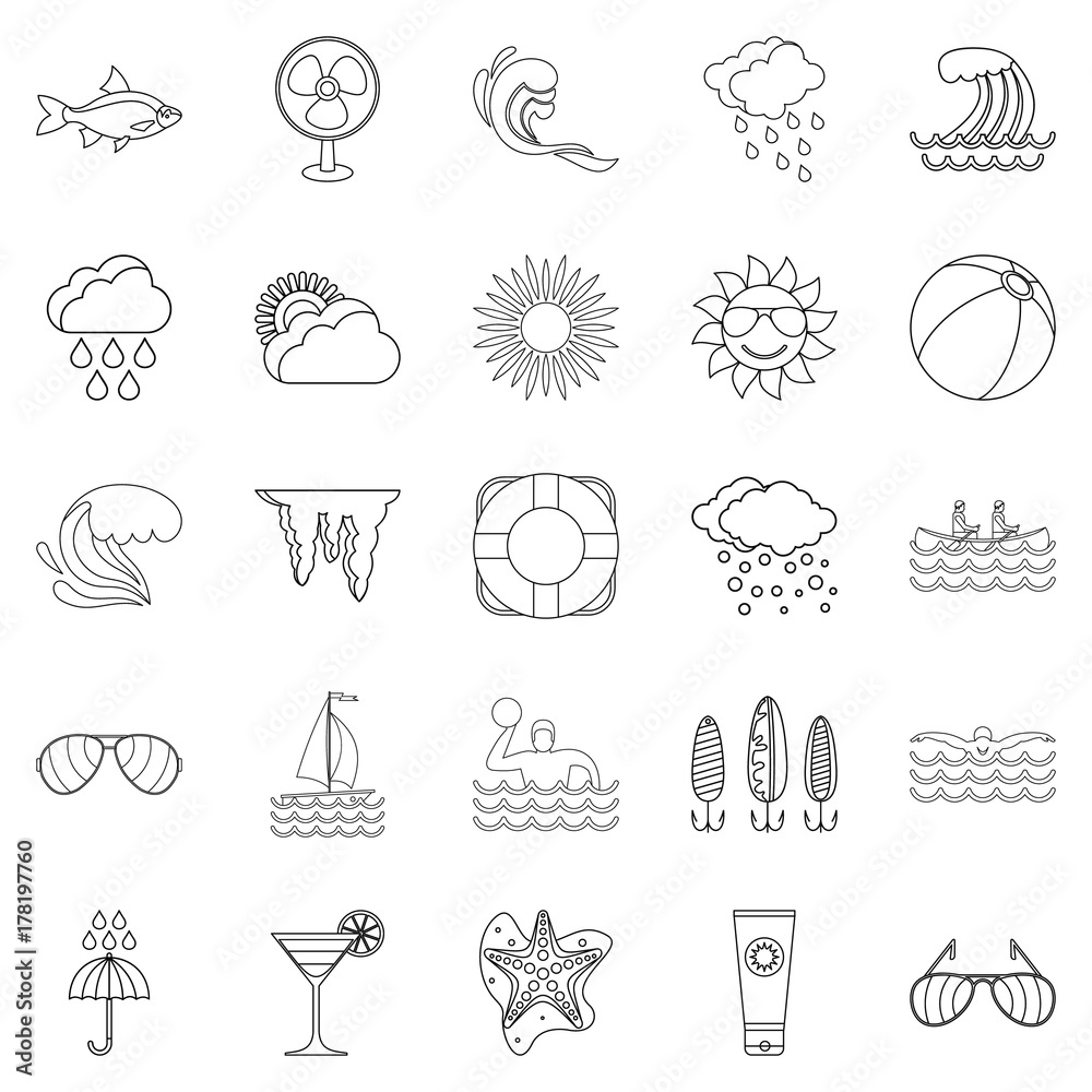 Island life icons set, outline style