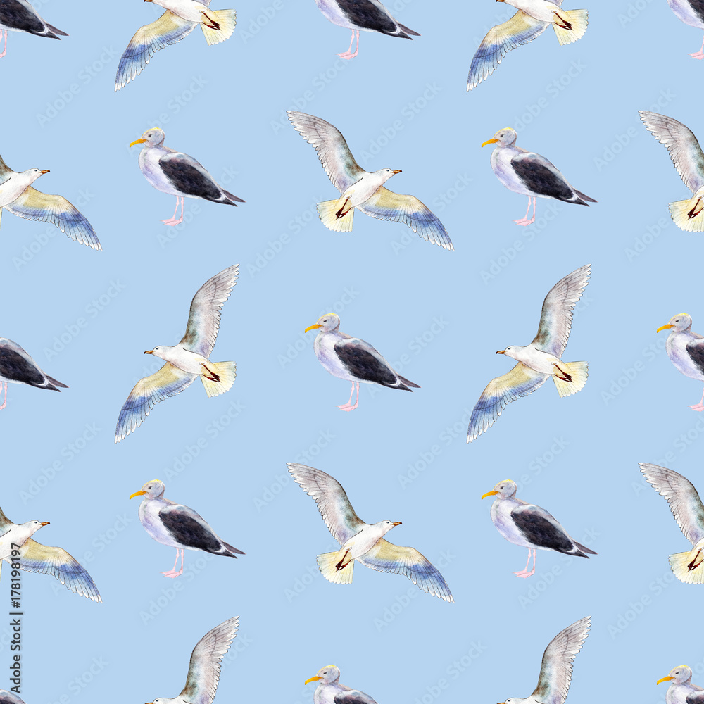 Obraz premium Watercolor seamless pattern with seagulls on blue background, bright hand-drawn summer background.