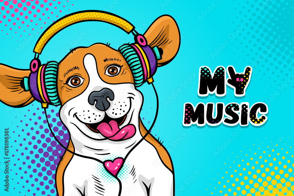 Plakat Wow pop-artu twarz psa. Śmieszny szczęśliwy zdziwiony psi beagle z otwartym usta z jęzorem w kolorowych hełmofonach słucha muzyka. Ilustracja wektorowa w stylu komiks kreskówka. Zaproszenie na przyjęcie plakat.