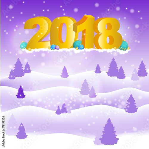 New Year background with 2018 and hills and purple trees.