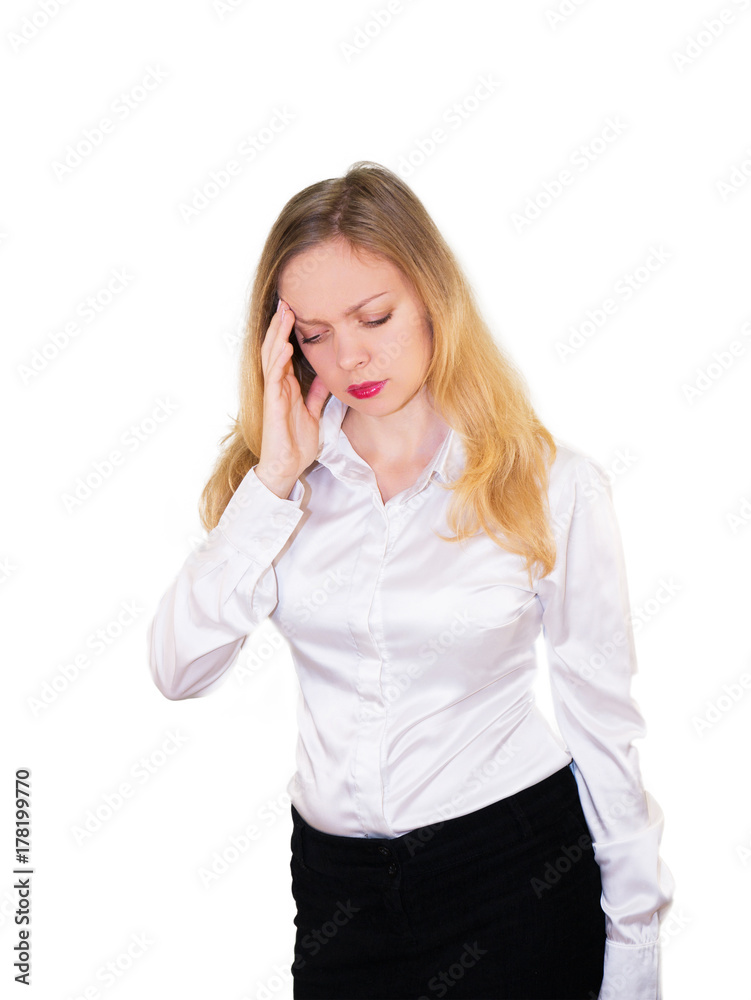 Girl blonde a headache. Isolated on a white background. Mockup Girl blonde a headache. Isolated on a white background. Mockup