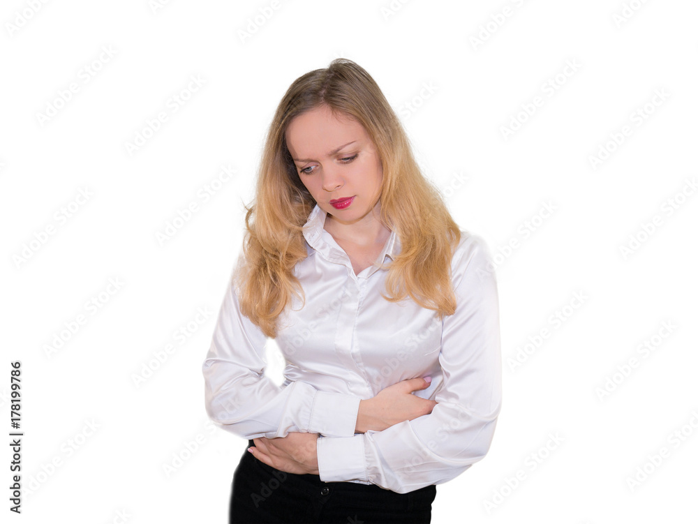 The young girl blondes stomach ache. mockup. Isolated on a white background. The young girl blondes stomach ache. mockup. Isolated on a white background.
