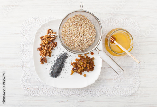Ingredients for Christmas porridge laced napkin photo
