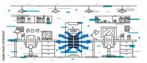 Office floor air conditioner vector illustration with decorative elements. Open space office room with vertical air conditioner (ac) line art concept.