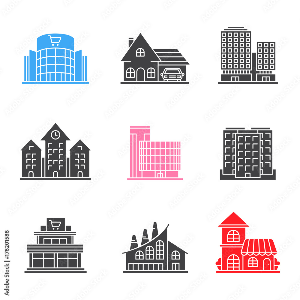 City buildings glyph icons set