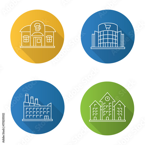 City buildings flat linear long shadow icons set