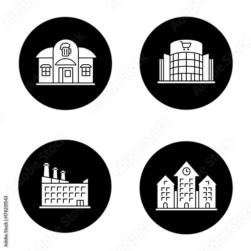 City buildings glyph icons set