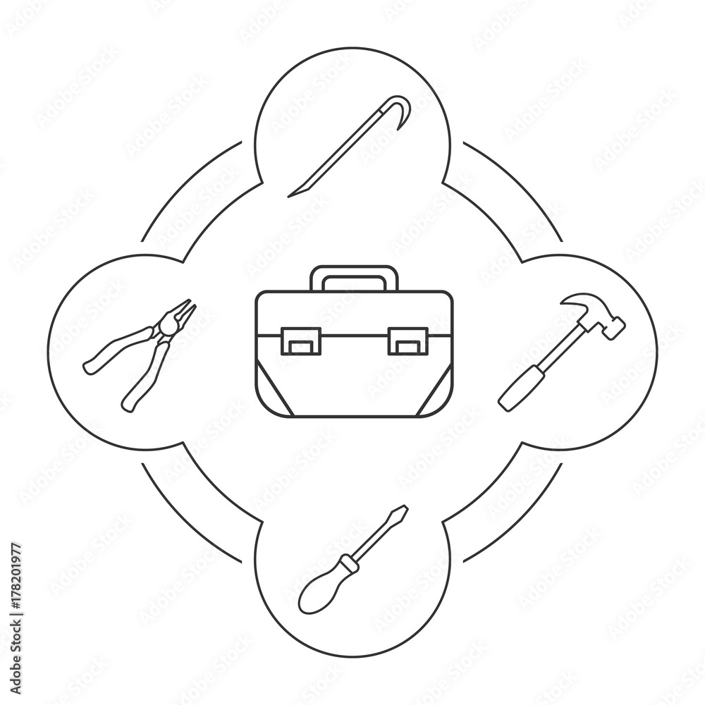 Tool box contents linear icons set