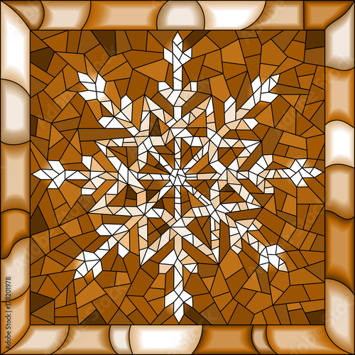 Illustration in stained glass style with snowflake ,tone, brown,Sepia
