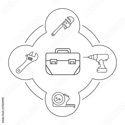 Tool box contents linear icons set