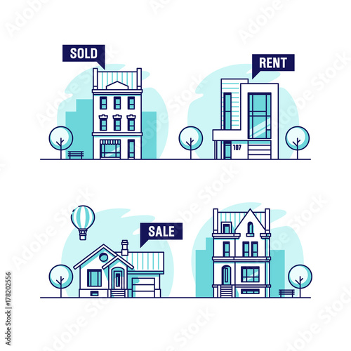 Set of urban and suburban houses. Real estate concept. Vector illustration.