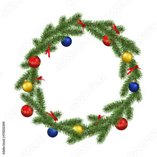 Vector realistic beautiful christmas wreath frame decorated with colorful baubles and ribbons isolated on white background