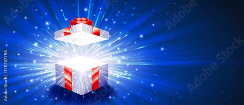 Greeting package with red bow knot. Open gift box with exploding firework of glitters and light rays. Vector banner, leaflet, flyer, greeting card for congratulations of Christmas, New Year, Birthday