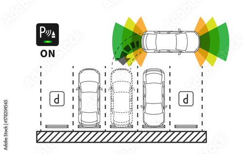 Parking assist system vector illustration. Autonomous car technology with sensors line art concept. Smart car assistance autopilot outline graphic design.