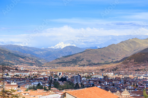 Downtown of Cuzco city in the valley and Andes panorama, Peru
