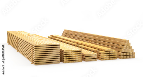 Wooden boards and planks in stacks on white. Construction materials. 3D illustration