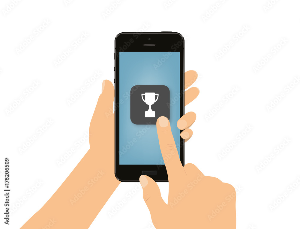Hand tippt auf Smartphone - Pokal