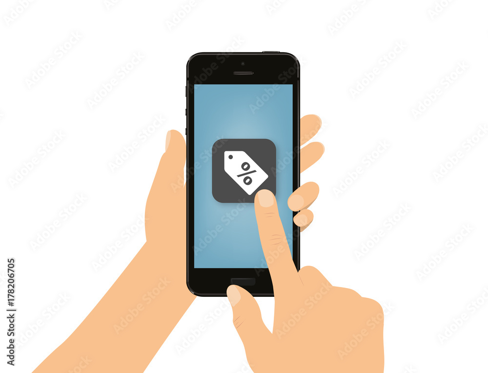 Hand tippt auf Smartphone - Rabattschild