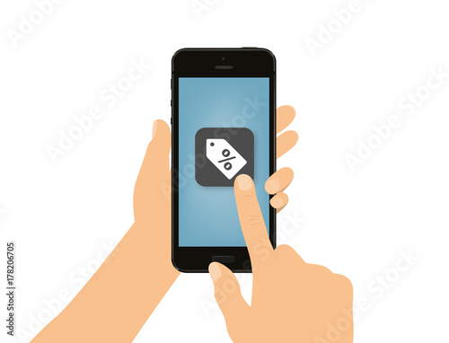 Hand tippt auf Smartphone - Rabattschild