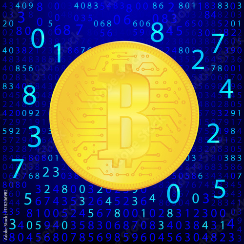 Crypto currency golden coin . Abstract virtual money on blue background .Digital matrix of deducting money . Eps 10 vector illustration