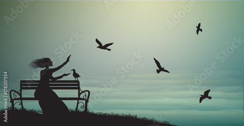 silhouette of girl sitting on the bench near the sea with sun-rise and feed the sea gulls, shadows, memories,