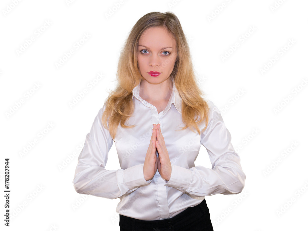 Business woman meditating . Isolated on white background. Business woman meditating . Isolated on white background.