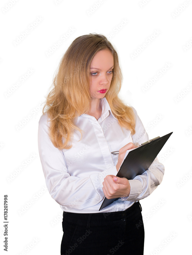 Business woman writes information . Isolated on white background. Business woman writes information . Isolated on white background.