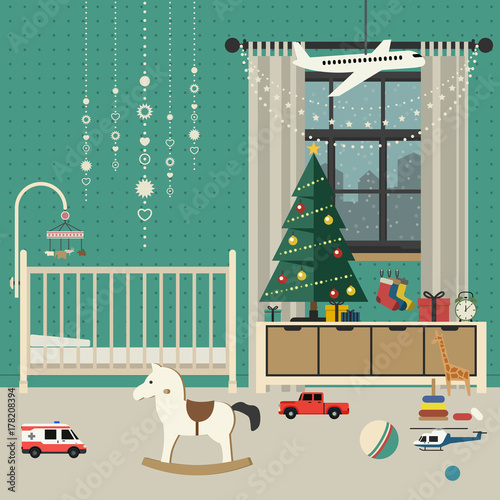 Christmas baby room interior.