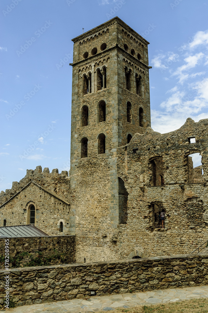 belfry of the ruins of the Benedictine abbey of the Romanesque art close to the End of Creus in Gerona, Spain.